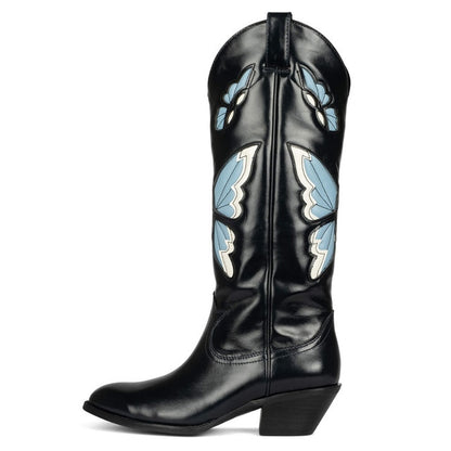 Womens Butterfly Embroidered Pointed Toe Stacked Heel Mid Calf Boots