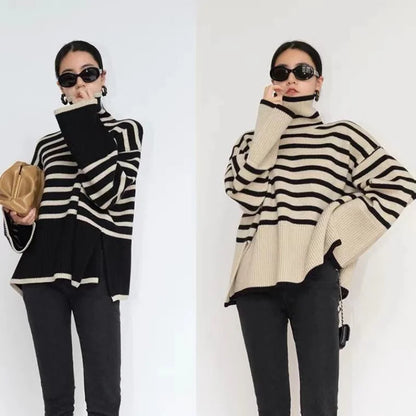 Loose Fit Striped Turtleneck Winter Sweater For Women