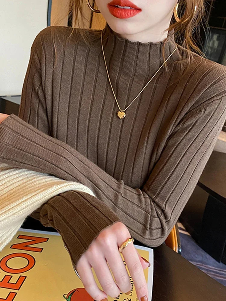 2025 High Neck Ribbed Knitted Sweater Women S Autumn Winter Slim Fit Long Sleeve Pullover Basic Casual Tops