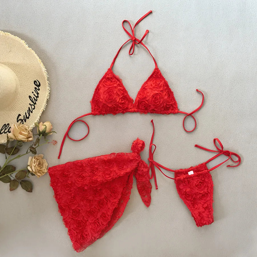 Romantic Pink 3D Floral Rosette Bikini and Sarong Set Aesthetic