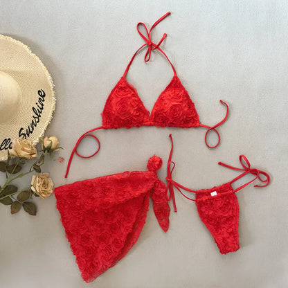 Romantic Pink 3D Floral Rosette Bikini and Sarong Set Aesthetic