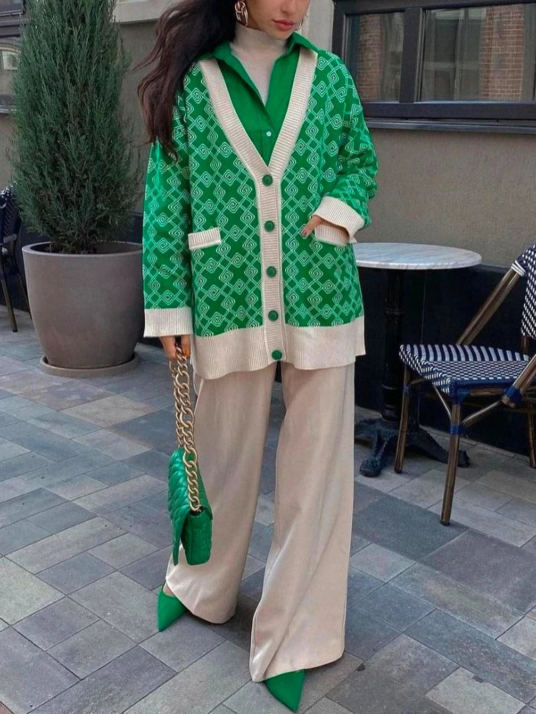 Geometric Jacquard V-Neck Knit Cardigan – Oversized 2025 Autumn/Winter