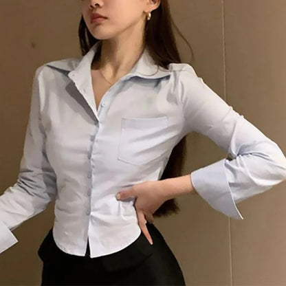 2024 Spring Office Lady White Shirt Korean Style Slim Button Up Work Blouse For Women
