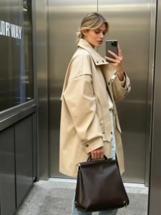 Cotton Khaki Long Turn Down Collar Belted Women Trench Coat