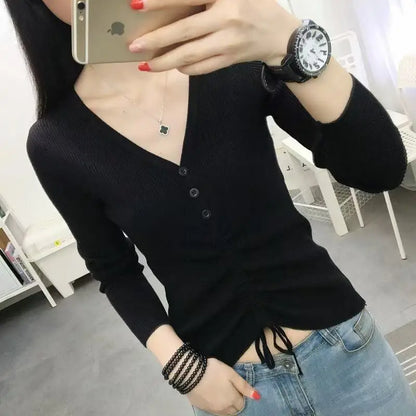 Women Drawstring V Neck Thin Sweaters