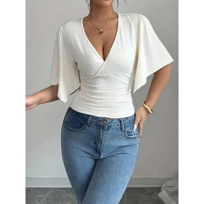 Modern Feminine: Slim-Fit V-Neck Shirred Knit Top