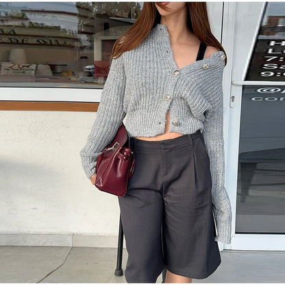 Elegant Gray Knit Cardigan for Women – 2025 Autumn Streetwear
