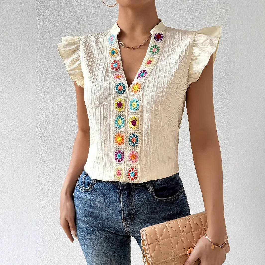 Summer Casual Ruffles Sleeveless Tops Women 2025 Fashion V-neck Floral Ladies Blouse Shirts Elegant