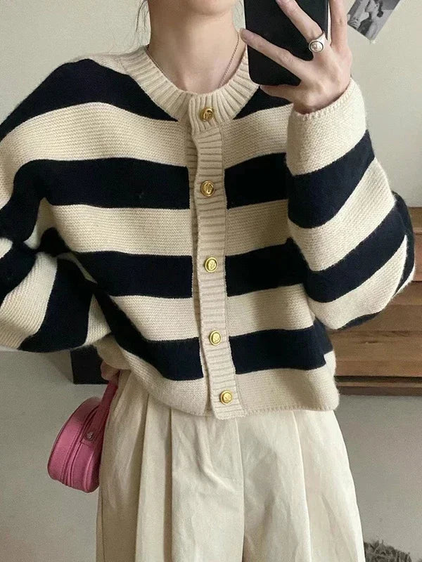 Parisian Playfulness: The Signature Cherry-Striped Cropped Cardigan