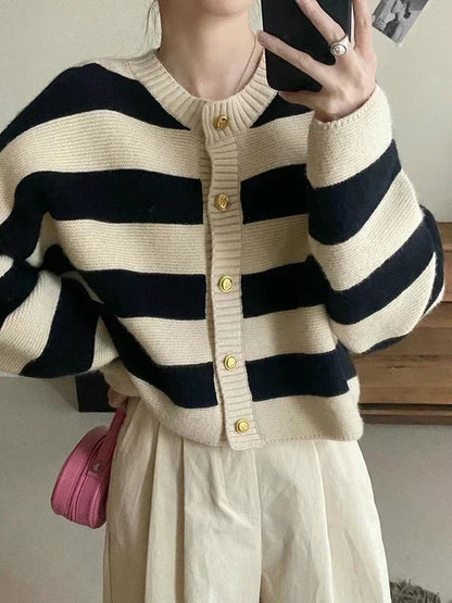 Parisian Playfulness: The Signature Cherry-Striped Cropped Cardigan