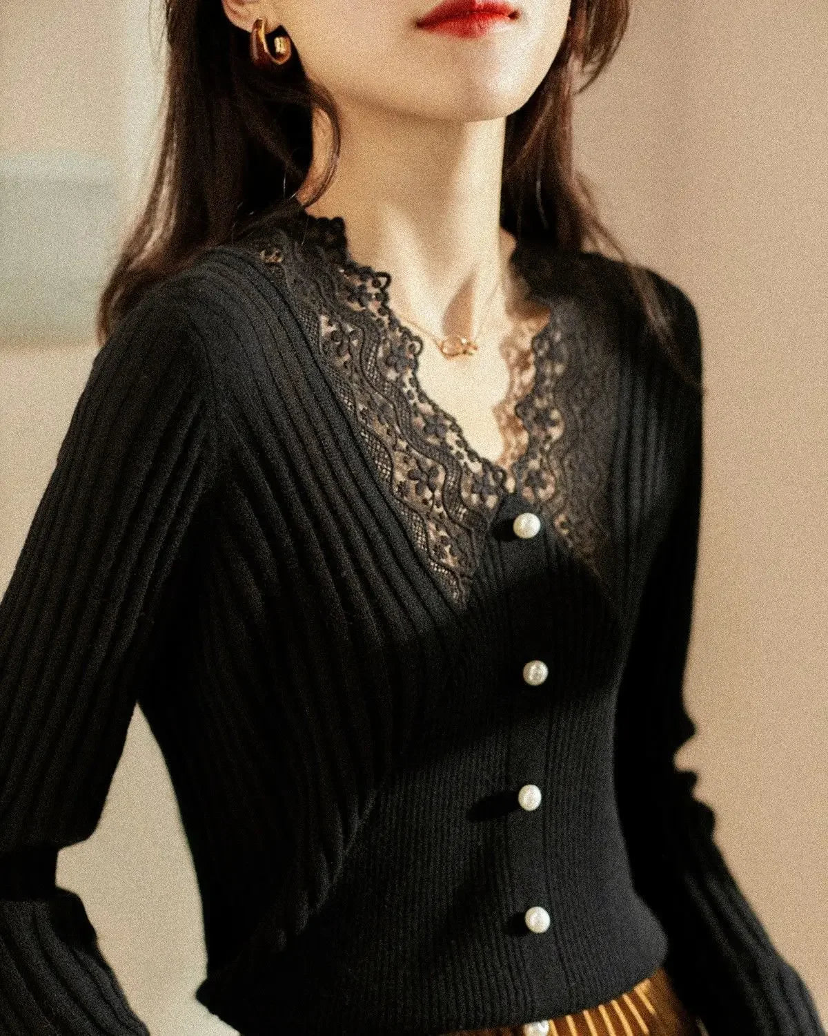 Lace V Neck Knitted Long Sleeve Sweaters For Women