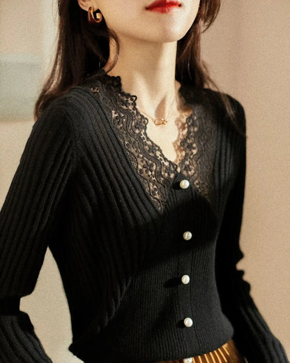 Lace V Neck Knitted Long Sleeve Sweaters For Women