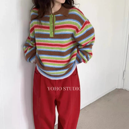 Vintage Cool Design Contrast Stripe Lace Up V Neck Sweater