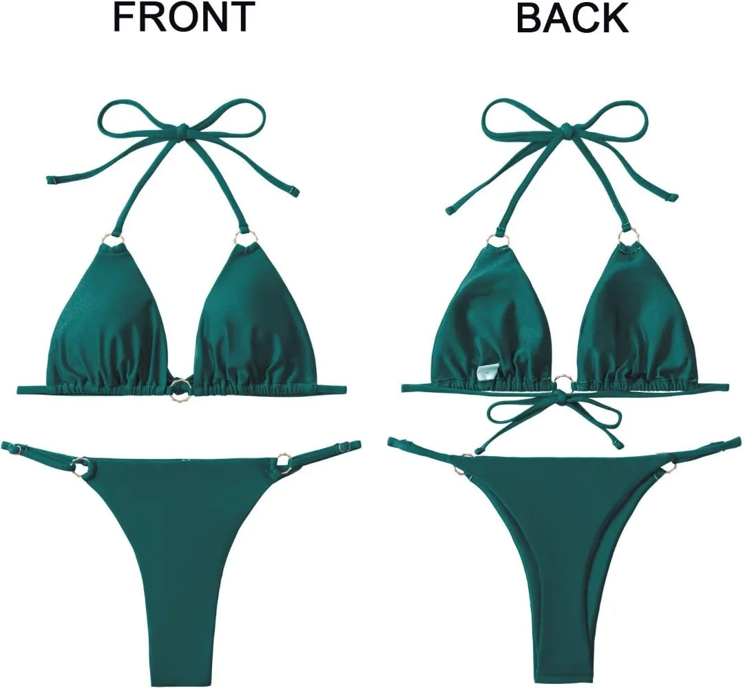 Emerald Green Shimmer Ring Detail Bikini Aesthetic