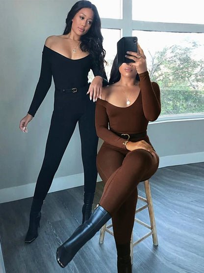 Women S Solid Black Gray Long Sleeve Skiing Jumpsuit Elastic High Fit Fashion Fitness Streetwear Slim Sport Romper