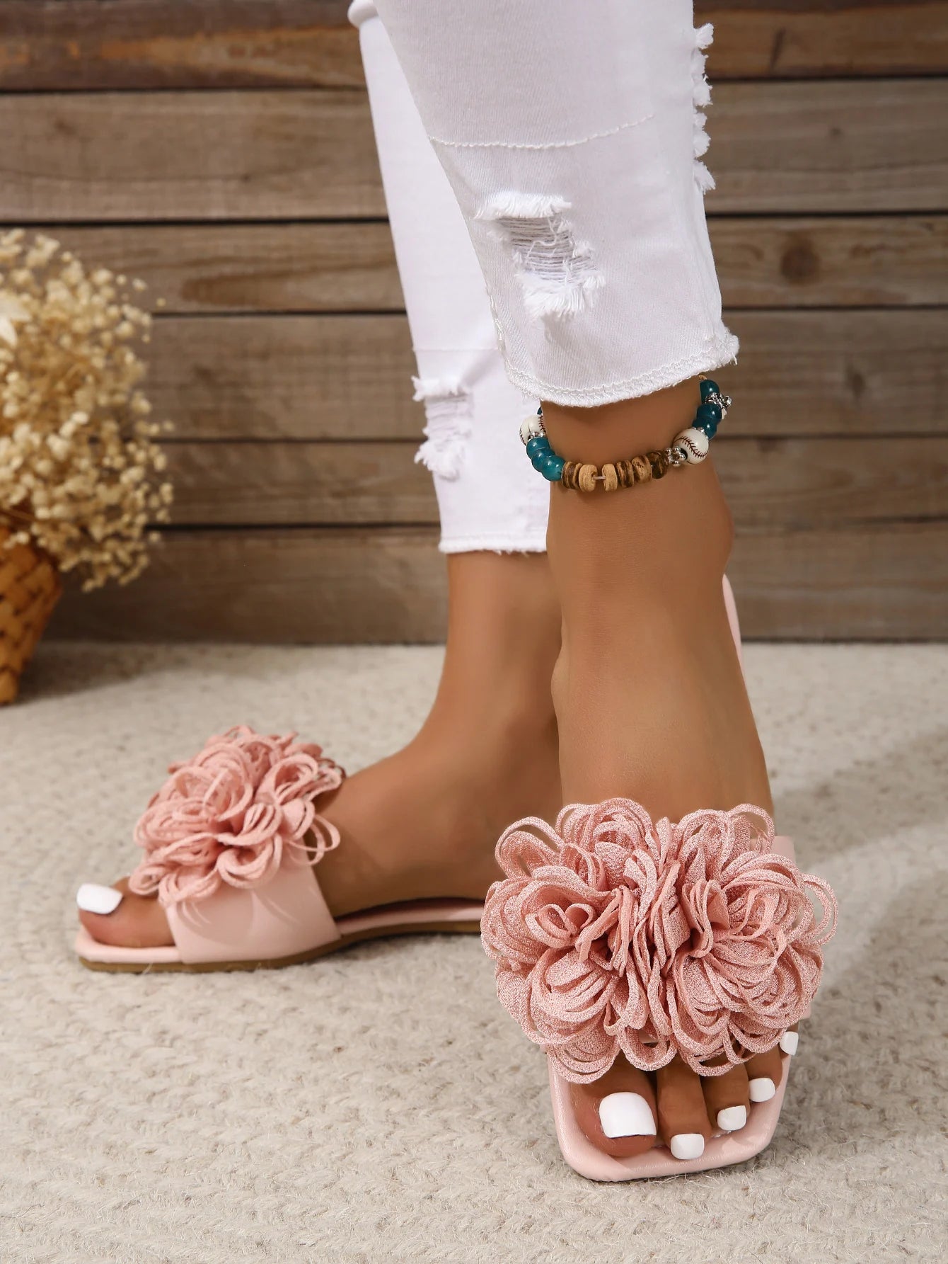 Pink Flower Design Super Comfort Flat Slipper For Women