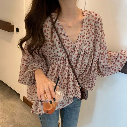 Spring Summer Chiffon V Neck Top For Women Lantern Long Sleeve Loose Pleated Blouse Korean Style Fashion
