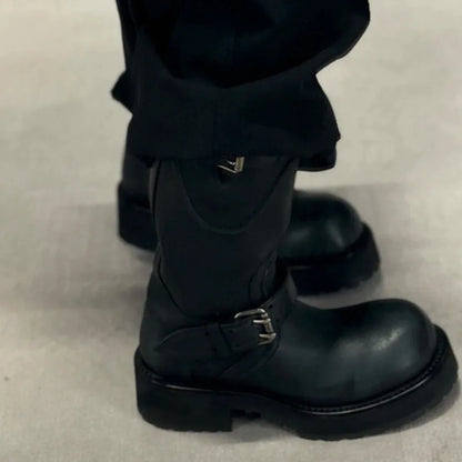 Womens Knee High Buckle Strap Boots Retro Pu Leather Rivet Thick Heel Motorcycle Boots