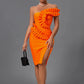 New Women Orange Ruffle Bandage One Shoulder Evening Party Dress
