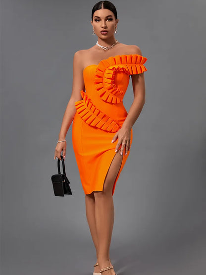 New Women Orange Ruffle Bandage One Shoulder Evening Party Dress