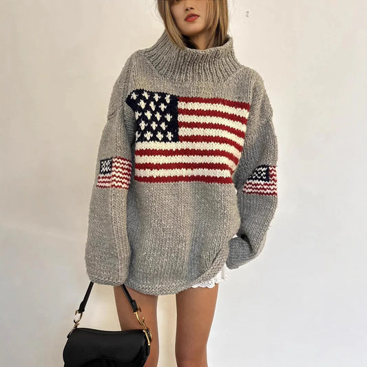 European American Y2K Street Women S High End High Neck Sweater Star Stitching Pattern Warm Knitted Pullover Sweater