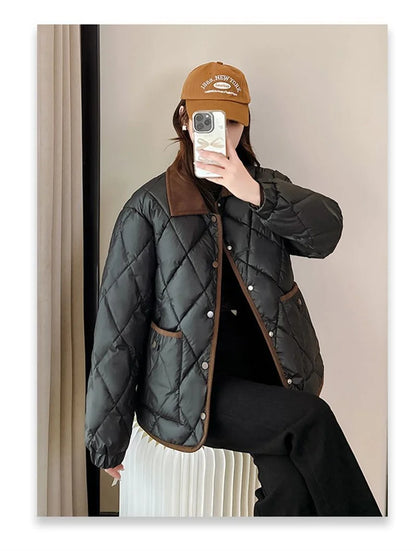 Quilted PU Leather Short Coat – Warm Rhombic Lattice Winter Jacket for Women