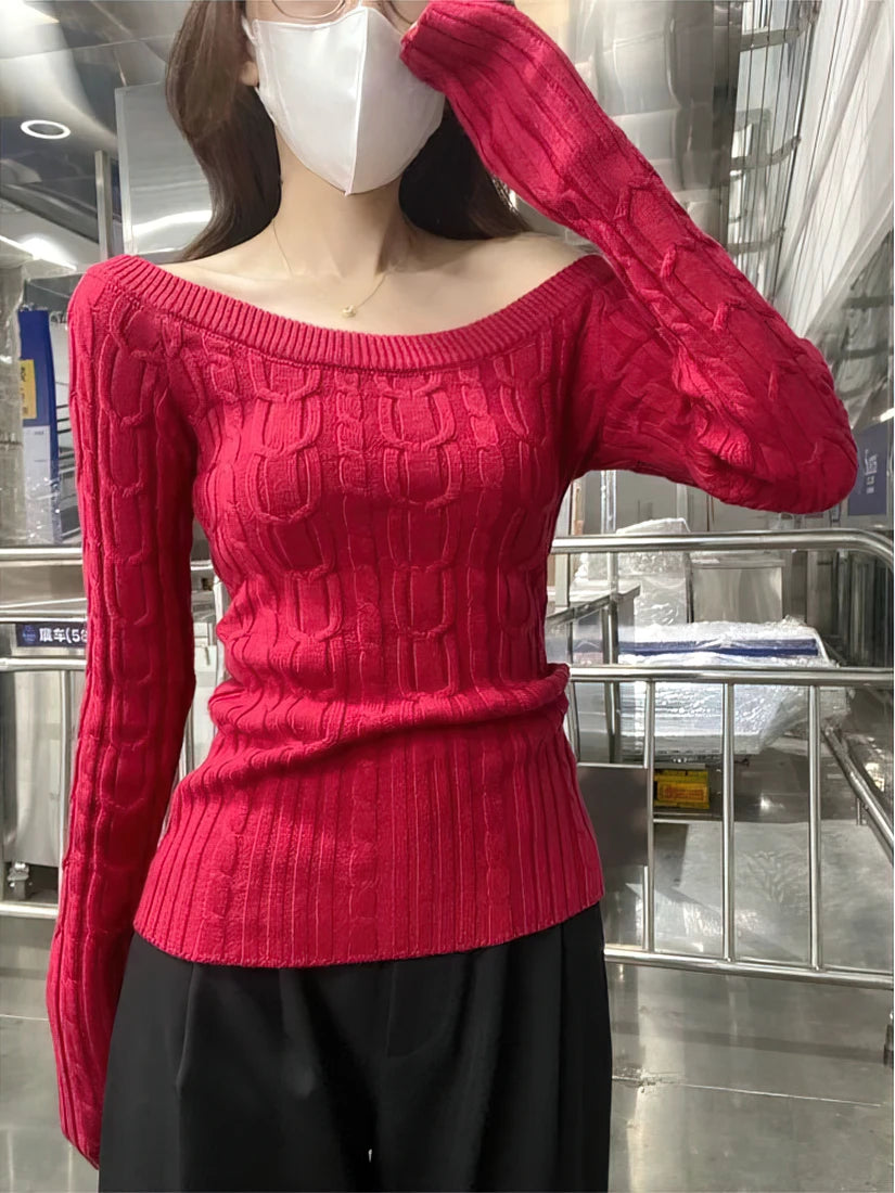 New Knitted Off Shoulder Sweater For Women Long Sleeve Turtleneck Pullover Jumper In Black White Sexy Fashion