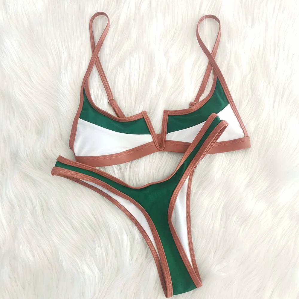 Vintage Style Split Cover Up Green Bikini Set
