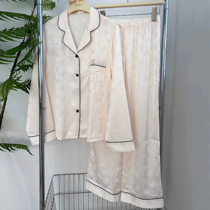 Womens Satin Pajama Set 2 Piece Star Print Loungewear With Lapel Shirt Elastic Waist Pants