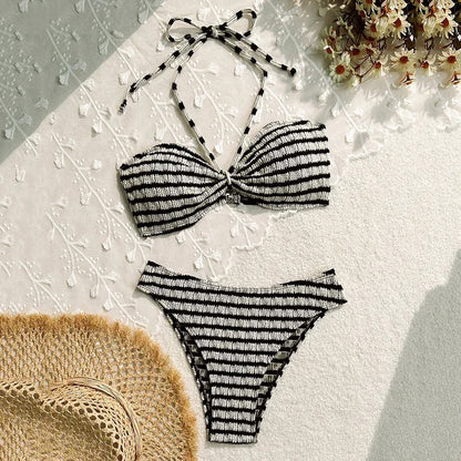 2025 Striped Ruffle Bikini Set High Waist Two Piece Swimwear For Women Bandeau Bathing Suit