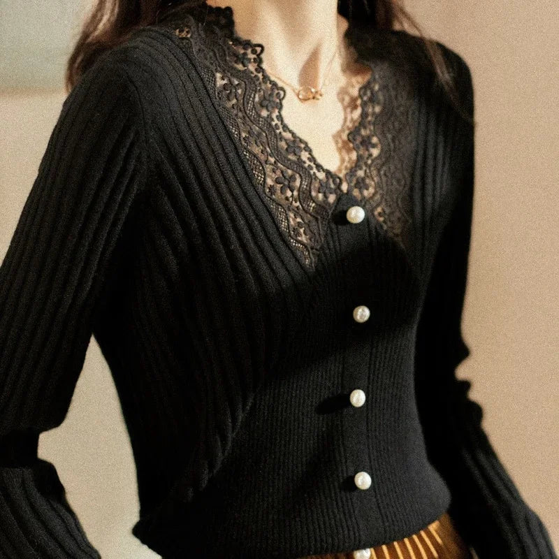 Lace V Neck Knitted Long Sleeve Sweaters For Women