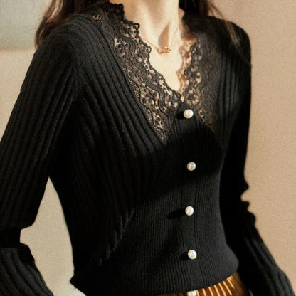 Lace V Neck Knitted Long Sleeve Sweaters For Women