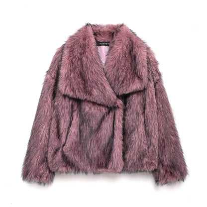 Elegant Womens Faux Fur Jacket Turn Down Collar Loose Fit Casual Long Sleeve Winter Coat For Warmth