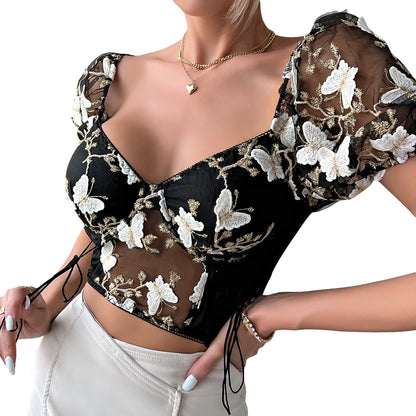 Ethereal Romanticism: Butterfly Embroidery Puff-Sleeve Cropped Blouse