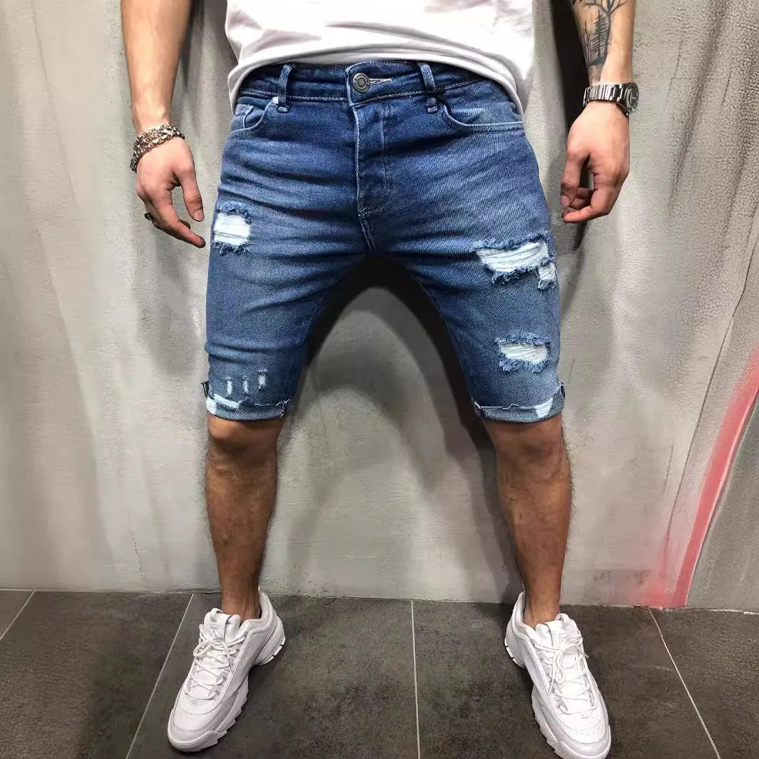 Mens Elastic Waist Ripped Summer Jean Shorts