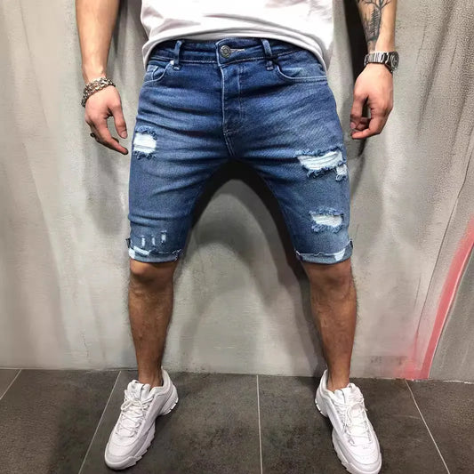 Mens Elastic Waist Ripped Summer Jean Shorts
