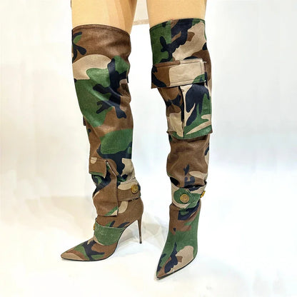 Designer Camouflage Themed Knee Length High Heel Boots