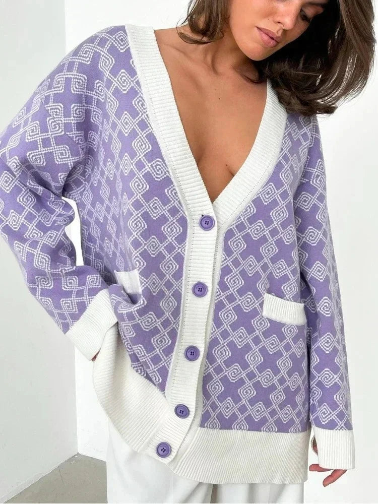 Geometric Jacquard V-Neck Knit Cardigan – Oversized 2025 Autumn/Winter