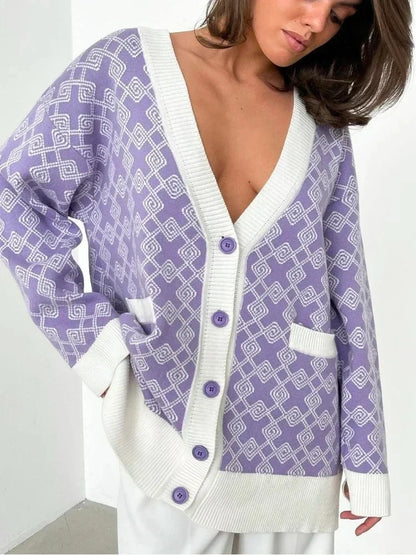 Geometric Jacquard V-Neck Knit Cardigan – Oversized 2025 Autumn/Winter