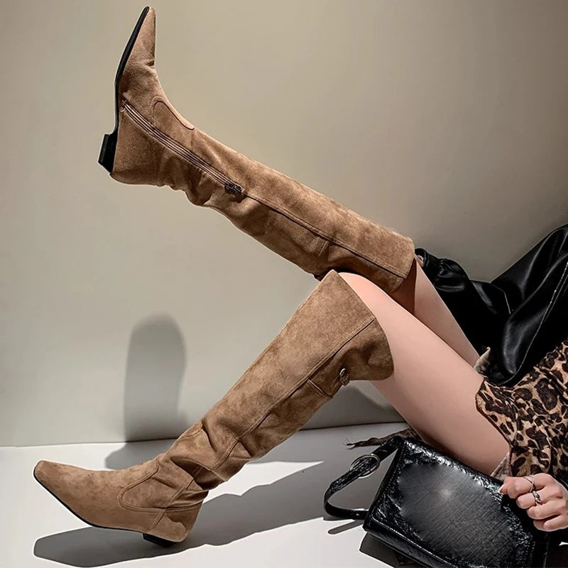 Long Knee High Suede Designer Zipper Winter Boots For Women