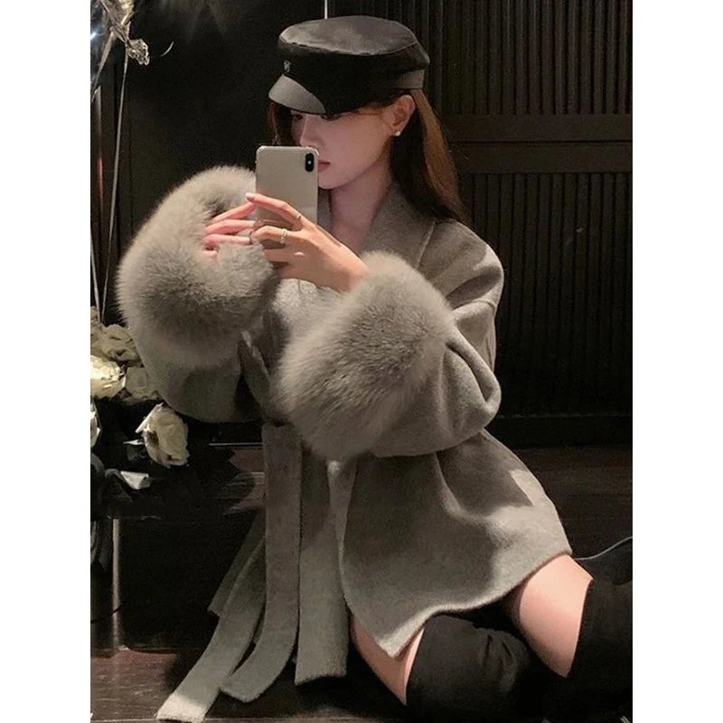 Elegant Wool Blend Coat for Women – Fur Patchwork Long Office Overcoat 2025 Fashion