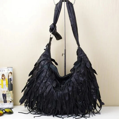 Tassel Black Leather Messenger Bag