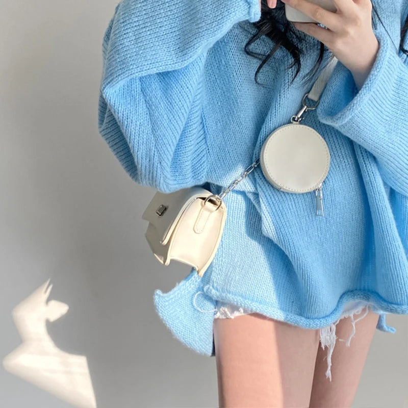 Casual Light Blue V-Neck Knit Sweater Outfit