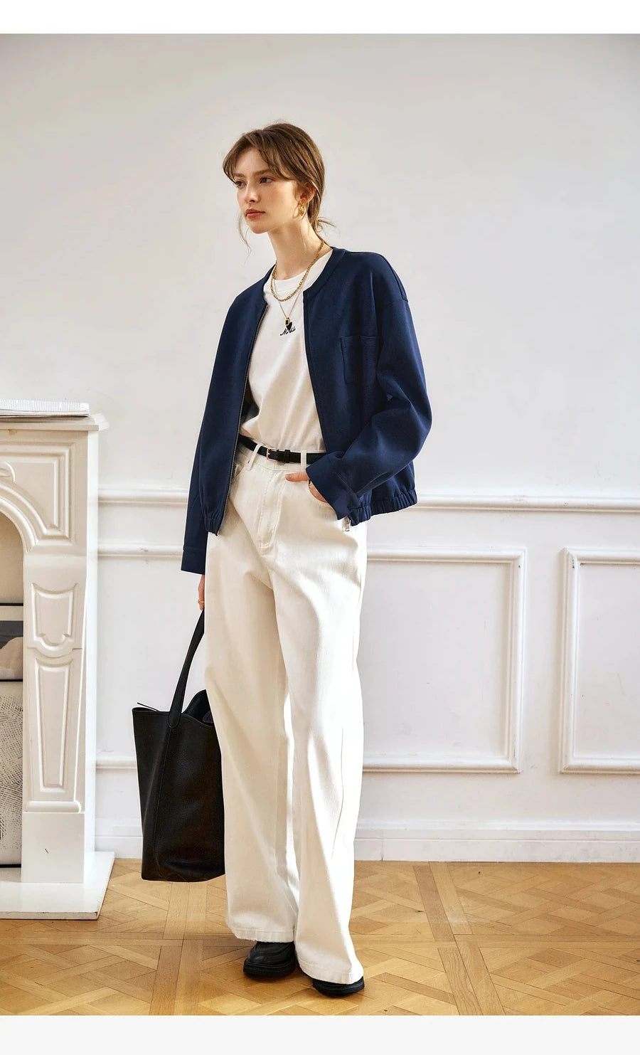 Navy Blue Cotton Blend Air Layer Casual Jacket Outerwear for Woman