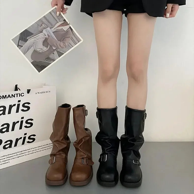Pleated Buckle Pu Leather Mid Calf Women Boots