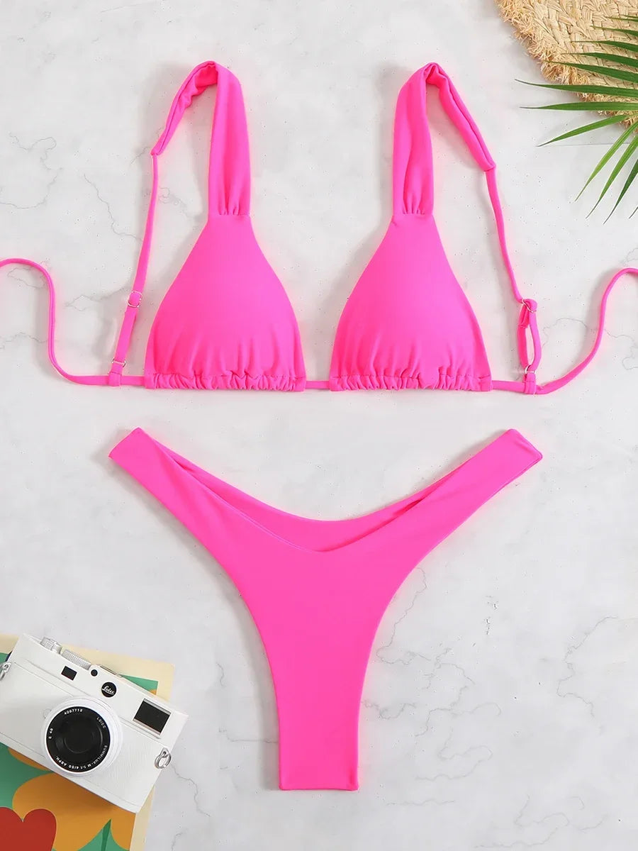 2025 Sexy High Leg Thong Bikini Solid Pink Swimwear 2 Piece Bathing Suit For Women Beachwear