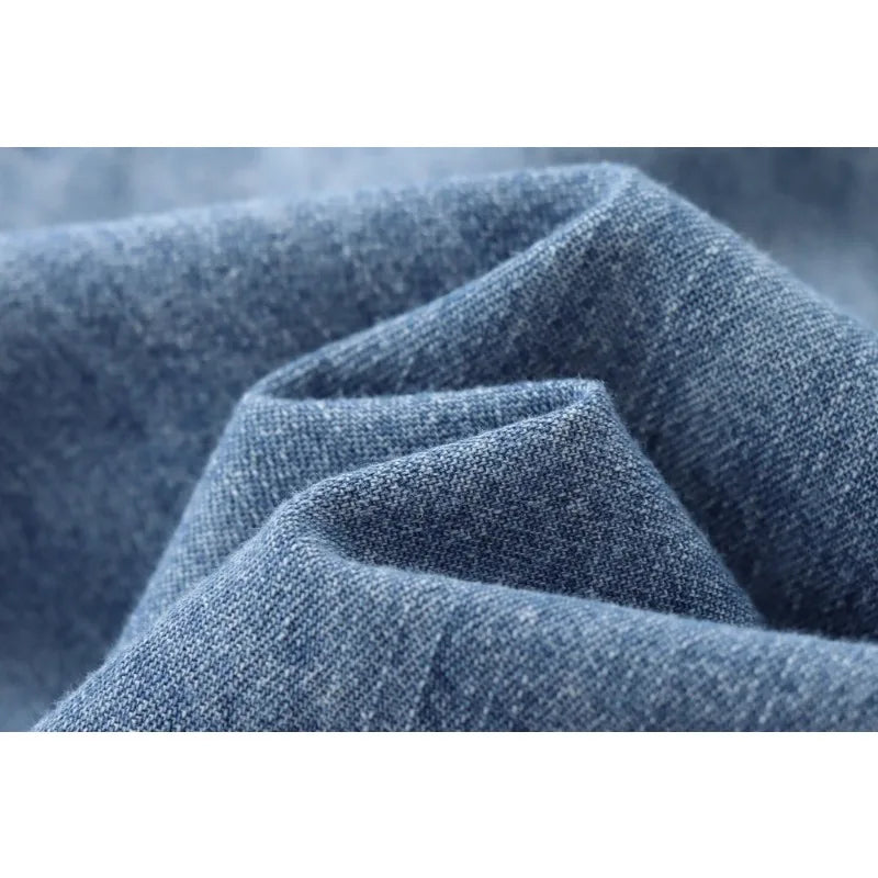Trendy Imitation Denim Blouse For Women Long Puff Sleeves Bow Embellished High Neck Shirt