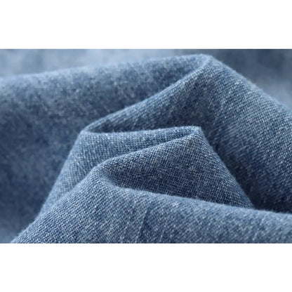 Trendy Imitation Denim Blouse For Women Long Puff Sleeves Bow Embellished High Neck Shirt