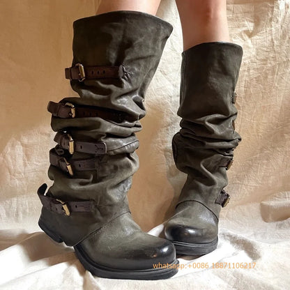 Womens Large Mid Length Retro Boots Buckle Casual Knight Boots For Autumn Winter 2025