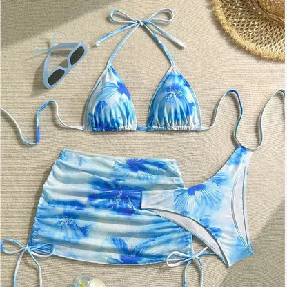 Hibiscus Print Orange and White Bikini with Mesh Skirt Aesthetic